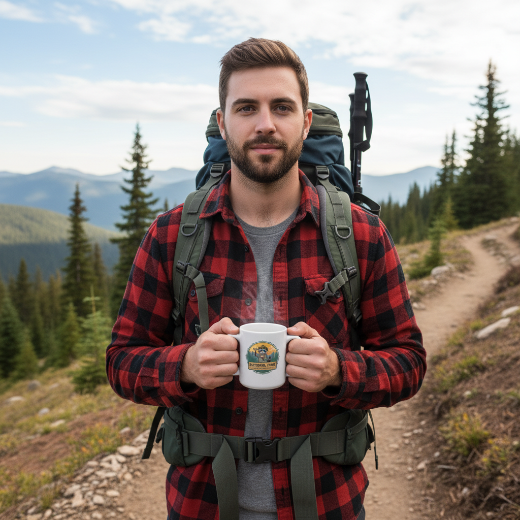 Young man holding MOSH National Park Raccoon Mug on mountain trail