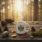 MOSH National Park Raccoon Mug with steam and autumn leaves
